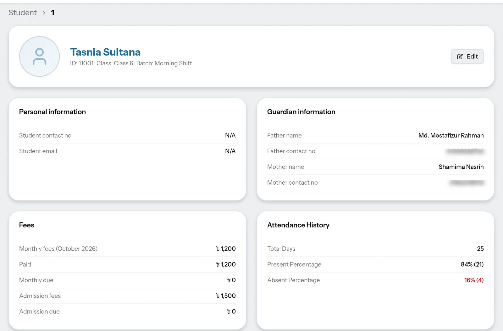 A student's profile with guardian information, fees and attendance history